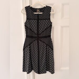 Taylor Black White Mixed Print Fit & Flare Dress Size 4 Polka Dot Geometric